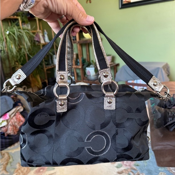 COACH 2010 POPPY OPT ART SATEEN LUREX SATCHEL BAG BLACK/SILVER #15863 - Picture 4 of 9